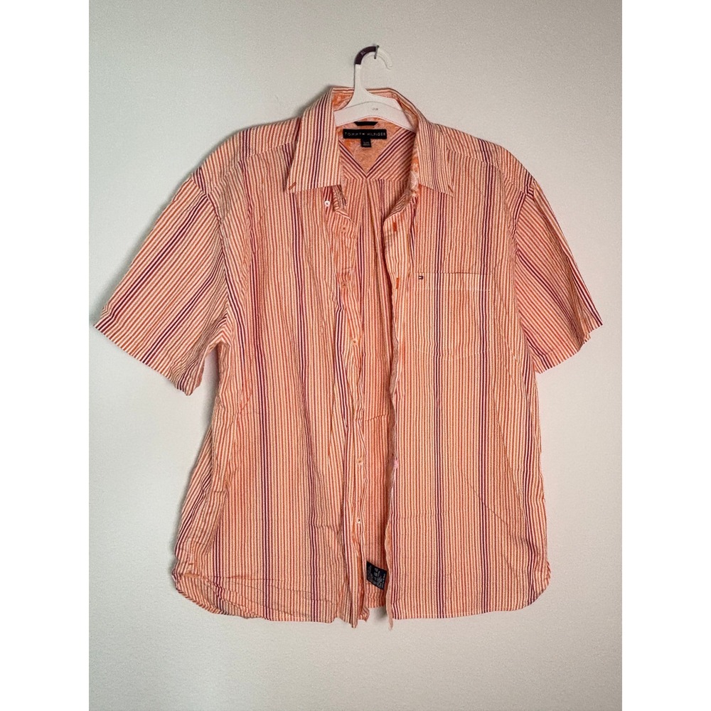 Tommy Hilfiger Mens XL‎ Orange Red Striped Short Sleeve Button Down Shirt 80s